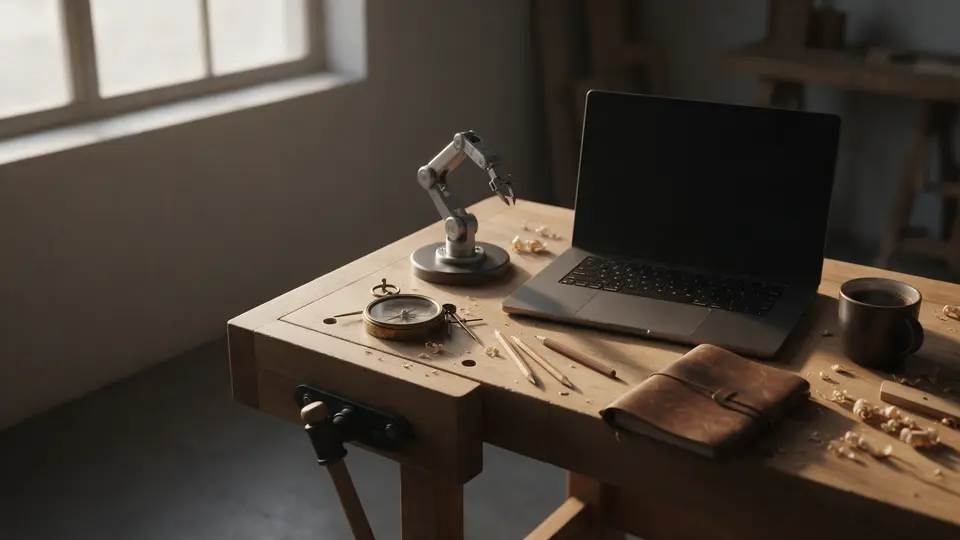 Bancada com notebook e braço robótico