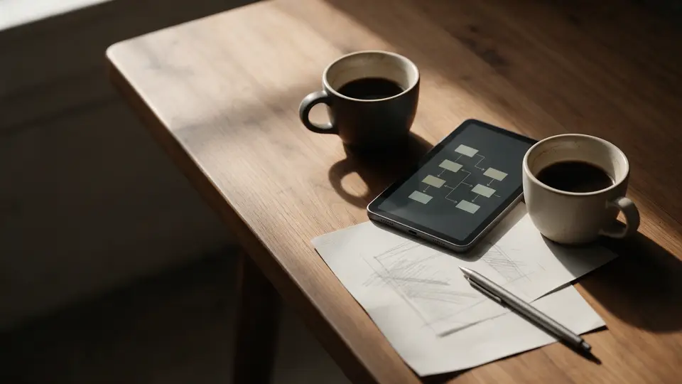 Mesa de reunião com dois cafés, um tablet com um fluxograma e um papel com esboço