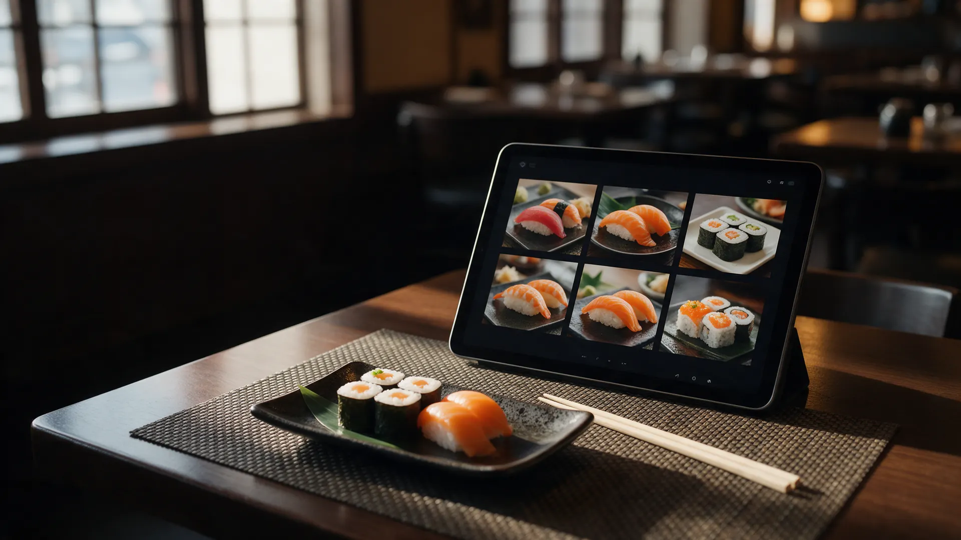 Mesa de restaurante japonês com um tablet mostrando o cardápio digital com fotos dos pratos