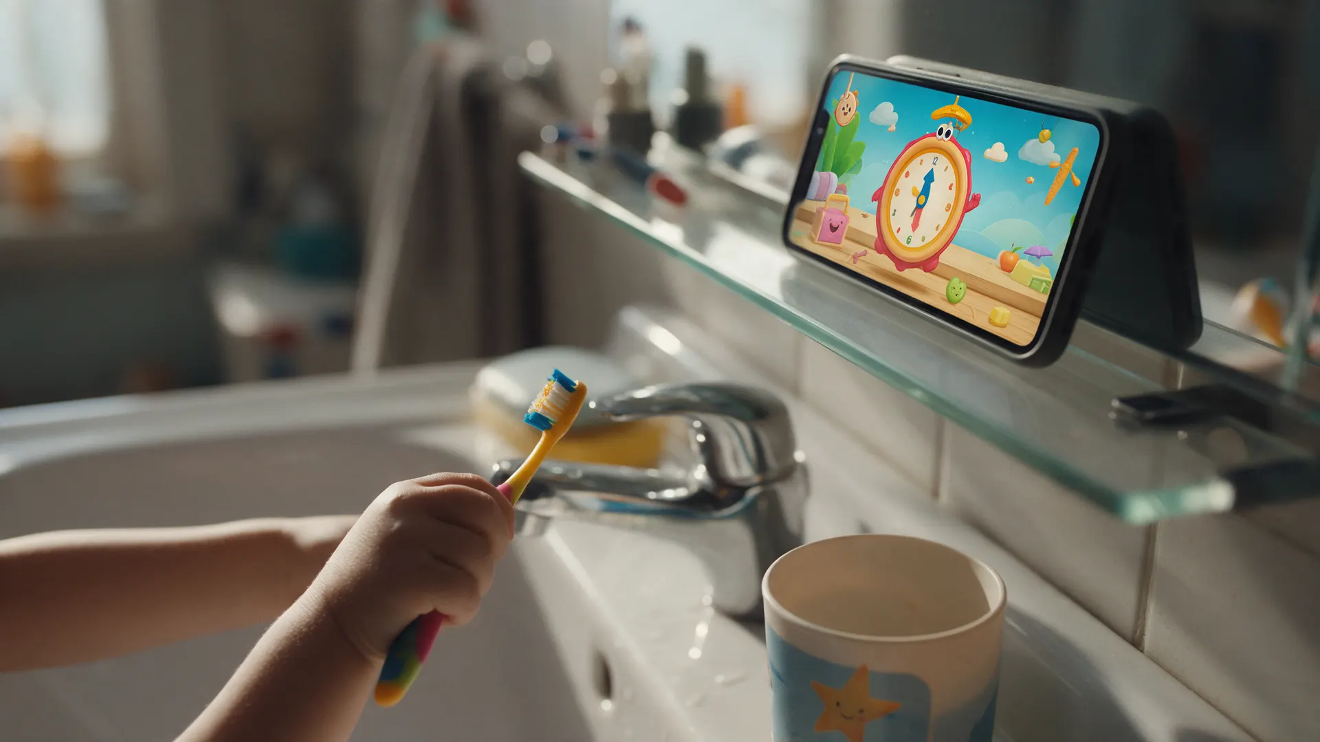 Mão de criança escovando os dentes com um jogo de cronômetro no celular