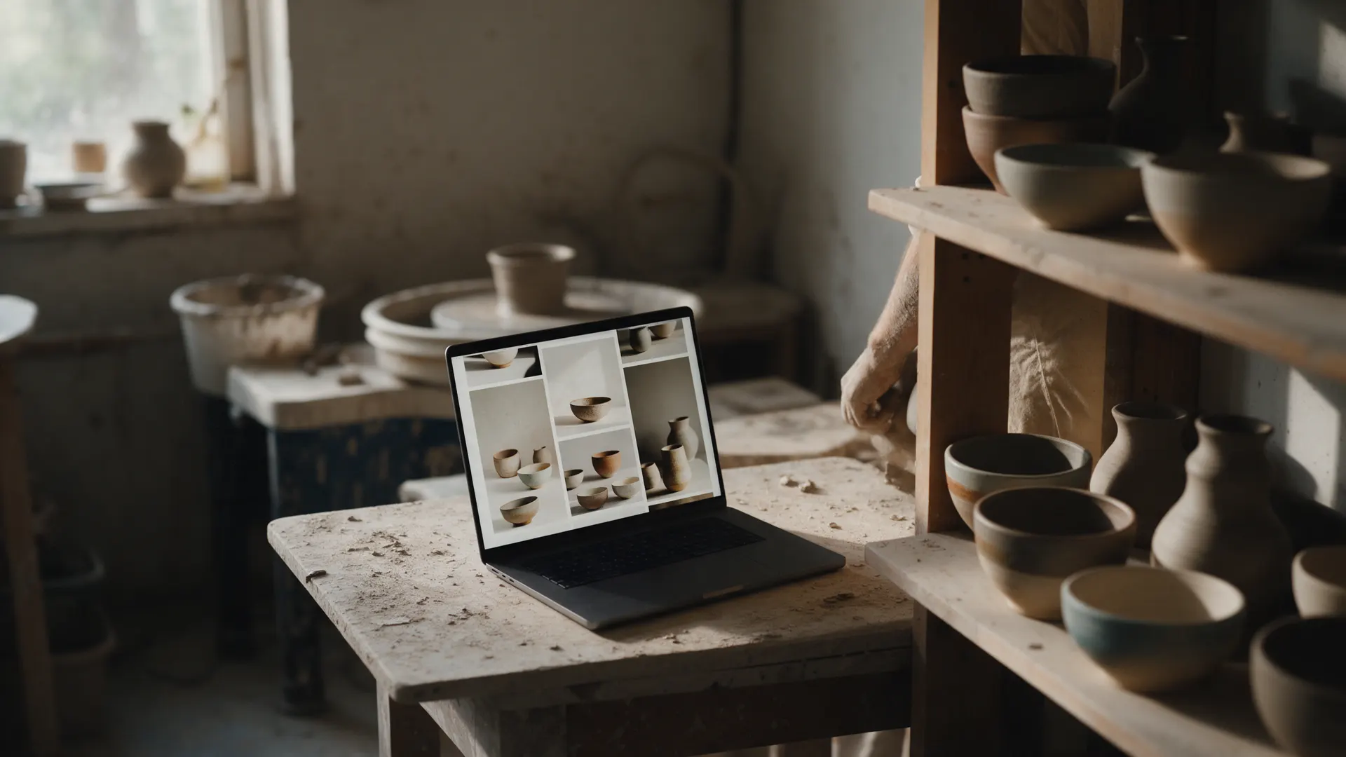 Ateliê de cerâmica com um notebook mostrando a galeria das peças